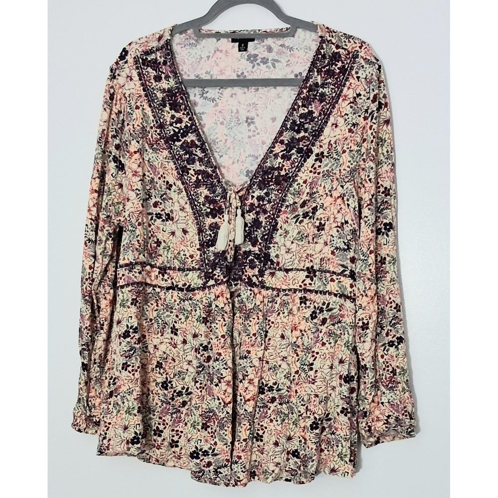 Torrid Blouse Women's Size 2X Babydoll Embroidered Multicolor Long Sleeve Preown